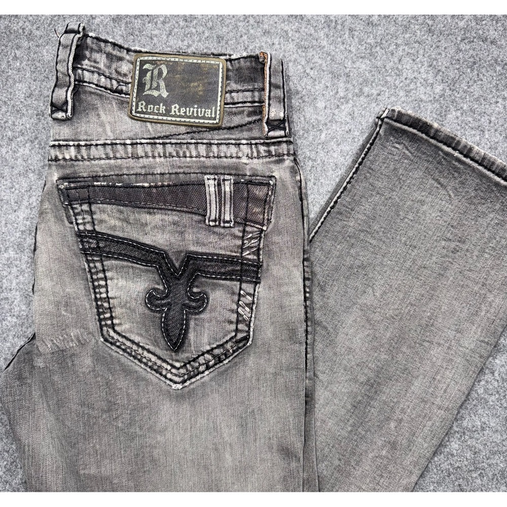 Rock Revival Glam Relaxed Straight Jeans Men Size 32 Acid Wash Gray Distressed